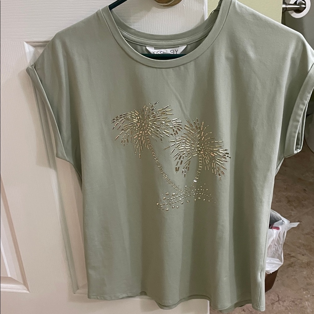 Palm Tree Embellished Sage Green Women's Tee